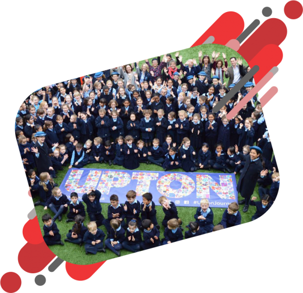 Upton School children around a full colour printed school banner